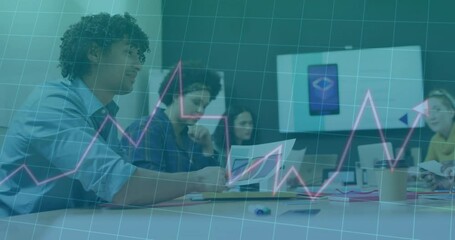 Poster - Colleagues watching arrow emerging as rising line graph showing trends guiding business strategy