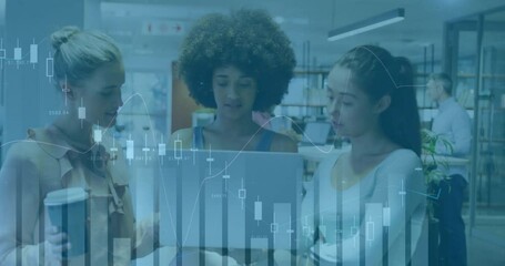 Poster - Business woman entering holding coffee joining colleagues at laptop reviewing animated charts