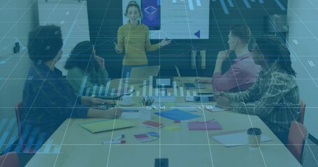 Poster - Presenter initiating business presentation clasping hands and revealing animated charts over table