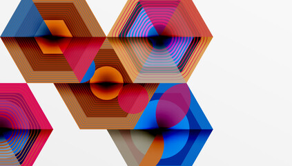 Fototapete - Abstract geometric composition. Hexagons, circles, lines create vibrant, modern design. Bold colors, layered shapes offer visual interest.