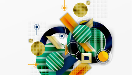 Fototapete - Abstract geometric composition. Circles, rectangles overlap creating dynamic visual effect. Green, gold, navy dominate palette. Modern design.