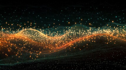 Poster - Abstract glowing particles forming wavy lines in dark background.