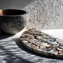 Poster - Abstract Composition of Stone Bowl and Cracked Rock Slab Bathed in Natural Light with Textured Background