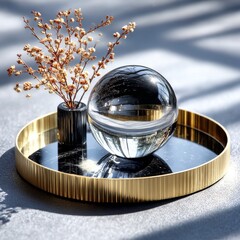 Poster - Crystal Ball Still Life: Reflections of Dried Flowers and Light Play on a Gilded Tray