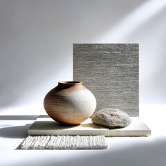 Aufkleber - Earthenware Still Life: Terra Cotta Vase, Stone, and Textured Surfaces Bathed in Light on Minimal White Backdrop