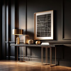 Aufkleber - Elegant Dark Interior with Marble Console Table, Golden Accents, and Modern Art Displayed on the Wall