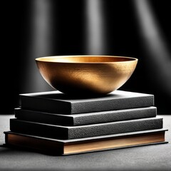 Aufkleber - Golden Bowl Resting Atop a Stack of Books in Dramatic Lighting: A Study in Contrast and Texture.