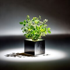 Poster - Greenery in a Black Cube: A Contrast of Natural Growth and Minimalist Design Illuminated in a Studio Setting