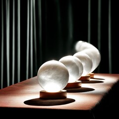 Poster - Illuminated Spheres: A row of glowing crystal balls cast light on a table against a dark curtain backdrop.