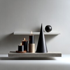 Poster - Minimalist Arrangement of Candles and Geometric Shapes on Floating Shelves, Modern Still Life