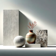 Poster - Modern Still Life: Textured Surfaces and Ceramic Vase with Dried Floral Arrangement in Soft Light