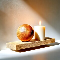 Poster - Serene Still Life: Candlelight Glow and Wooden Sphere on a Rustic Wooden Plinth Bathed in Soft, Natural Light