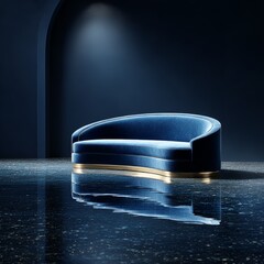 Aufkleber - Sophisticated Serenity: A Plush Blue Velvet Sofa with Gold Accents in a Dark, Reflected Space