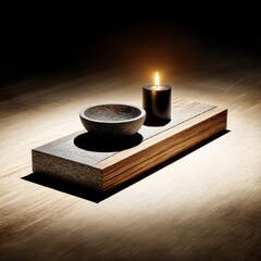 Poster - Still Life: Candlelight and Stone Bowl on Wood Platform Illuminating Serene Moment in Warm Light