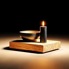 Fototapete - Still Life with Candle and Bowl on Wooden Platform: A Study in Light and Shadow