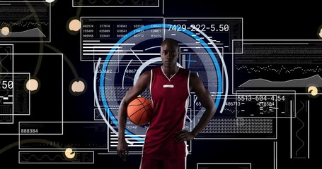 Poster - Male basketball player holding ball activating blue HUD with sliding panels for sports analytics