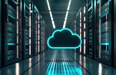 Aufkleber - High-tech data center with illuminated cloud icon symbolizing cloud computing and secure data infrastructure, suitable for cybersecurity, IT, and networking visuals