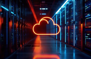 Aufkleber - Modern data center with glowing red cloud symbol showcasing cloud computing infrastructure, perfect for technology, IT services, and secure digital solutions