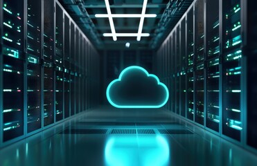 Aufkleber - Sleek data center with glowing cyan cloud icon representing advanced cloud computing and virtual data systems, ideal for IT infrastructure and technology visuals