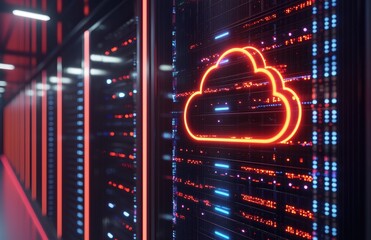 Aufkleber - Glowing red cloud icon over digital server wall with bright data lines, symbolizing cloud computing and data transfer, ideal for tech, networking, and virtual systems