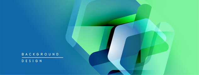 Poster - Abstract geometric shapes overlap, creating vibrant blue, green gradients. Modern design suggests technology, innovation, fluidity.