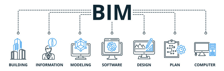 BIM web banner icons vector illustration concept building information modeling with icons keywords building, information, modeling, software, design, plan, computer
