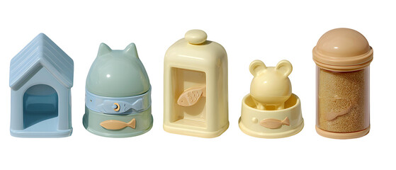 Poster - Pastel colored collection of five cartoon inspired 3D icons featuring pet accessories and items including a cat house collar food bowl mouse toy and treat jar in a soft