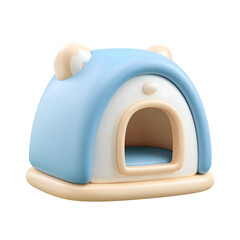 Poster - Cozy and rounded pastel blue cat house with cream trim featuring a soft plastic texture and a stylized cartoon like design