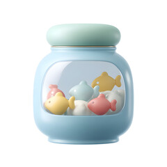 Poster - A cute rounded pastel blue jar filled with soft colorful plastic fish treats and snacks for pets