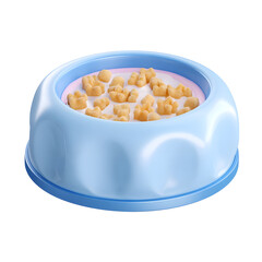 Poster - Closeup view of a pastel blue pet bowl filled with dry cat food kibble featuring a soft rounded cartoon inspired design and a plastic texture isolated on a transparent background