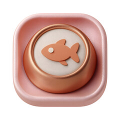 Poster - Minimalist 3D rendered icon of a pastel brown food bowl with a simple fish symbol featuring a soft rounded shape and plastic like texture