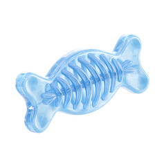 Poster - A 3D cartoon inspired pastel blue fish bone shaped chew toy with a soft plastic texture and rounded playful design