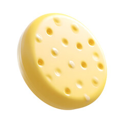 Poster - A close up minimalist image of a pastel yellow cheese disc with a soft smooth texture and a pattern of scattered holes isolated on a clean white background