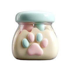 Poster - Soft rounded 3D icon of a pastel cream colored snack jar with a playful paw print design isolated on a plain background