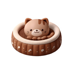 Poster - Adorable cartoon inspired cat bed in a soft rounded design with a plush plastic like texture in warm brown tones creating a cozy and comforting space for feline friends to rest and relax