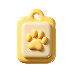 Poster - A light yellow plastic pet ID tag with a simple paw print icon in a soft rounded cartoon like design on a transparent background