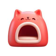 Poster - Whimsical 3D icon depicting a cozy and rounded cat house in a pastel pink color with a soft plastic texture and adorable cartoon inspired design