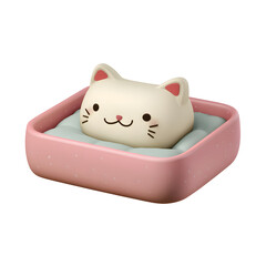 Poster - Adorable ceramic cat bed in a soft pastel pink color featuring a rounded cartoon inspired design with a cute cat face and minimalist style perfect for a cozy and soothing pet resting space