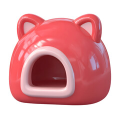 Poster - Charming 3D rendered cat house in a vibrant red color with a soft playful plastic texture and a simplified cartoon inspired shape for a comfortable and inviting pet shelter