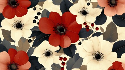 Poster - Seamless pattern with red and white anemone flowers, dark leaves, and berries on a beige background.