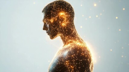 Fototapete - Golden Digital Essence: An artistic exploration of the human form, visualized as a network of glowing energy, conveying themes of innovation and connection.