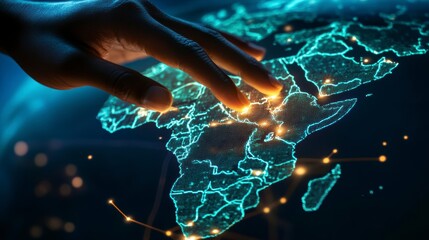 Poster - Hand interacting with a glowing digital map of Africa, highlighting global connectivity and exploration.