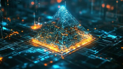 Fototapete - Digital Pyramid in the Network: A futuristic digital rendering showcases a shimmering, stylized pyramid at the heart of an intricate network, symbolizing the core of technology and future. 