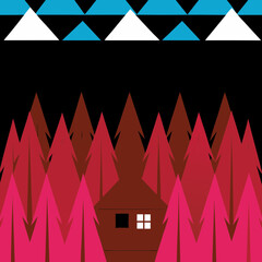 Leinwandbilder - Cabin in the woods with triangular trees and sky design