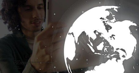 Poster - Man lifting tablet and tapping, rotating transparent globe and exploring global data in tech demo