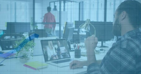 Poster - Mid adult man clicking join call, nodding as colleague passing activating tech graphs over laptop