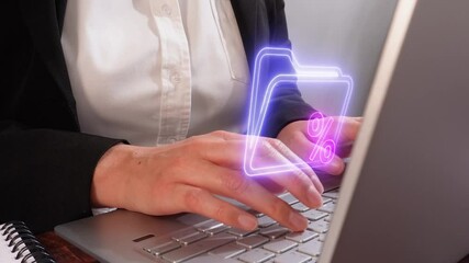 Poster - Close-up of businesswoman hands working on computer with folder icon and percentage sign