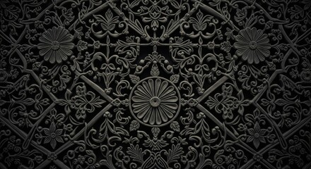 Poster - Intricate Dark Floral Design - Close-up view of an ornate dark gray floral pattern, showing intricate details and textures. Elegant and sophisticated design