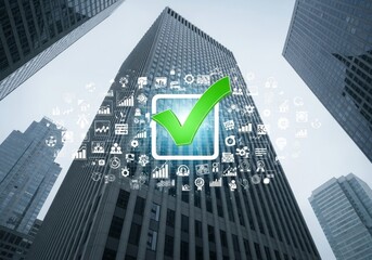 Poster - Verified Business Success - Green checkmark symbol amidst icons and skyscrapers, signifying business approval, success, and verification