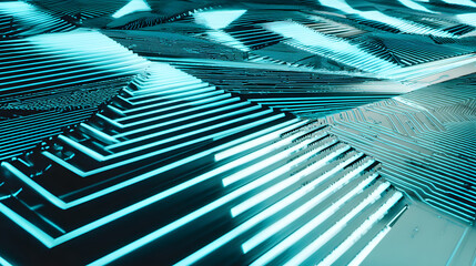 Futuristic blue circuit lines on geometric tech background, symbolizing digital innovation and advanced technology